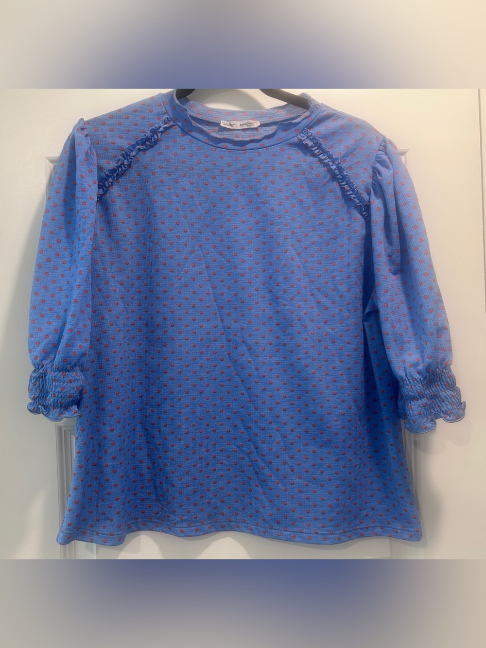 Zara Blue Polka Dot Lettuce Trim Ruffle Sleeve Blouse Top Size Large